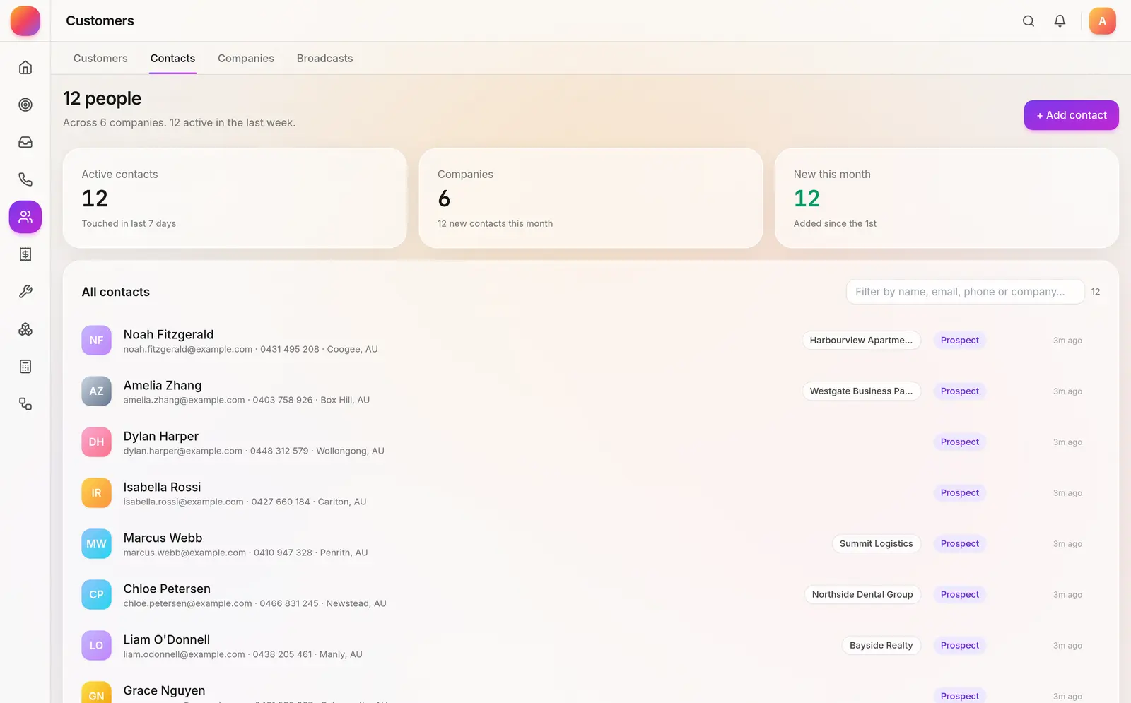 Contacts list with companies and statuses