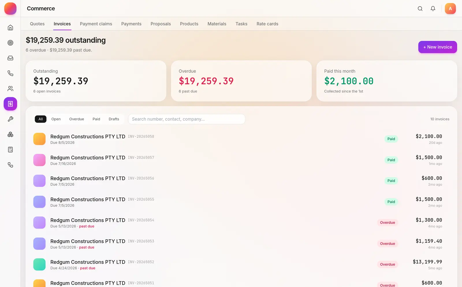 Invoices list with outstanding and overdue totals